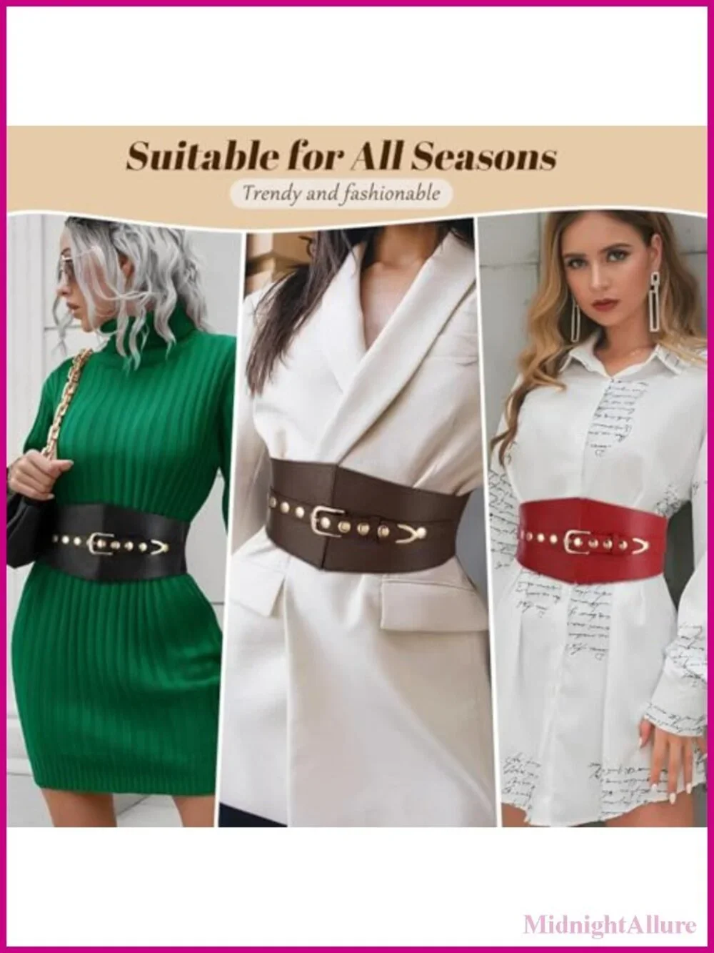 Wide Elastic Waist Belt Faux Leather Gold Rivet Buckle for Dress